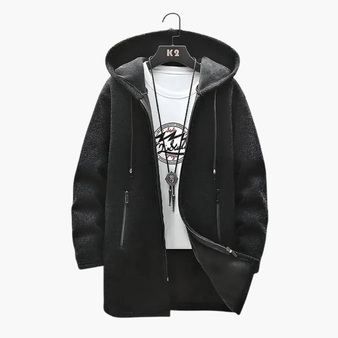 Men's black hooded jacket with plush lining and front zip pockets by Wilfred Smith