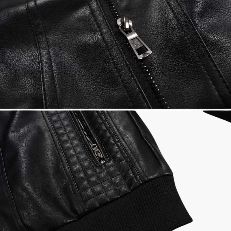 Men's black leather jacket with zip closure, ribbed cuffs and quilted panels