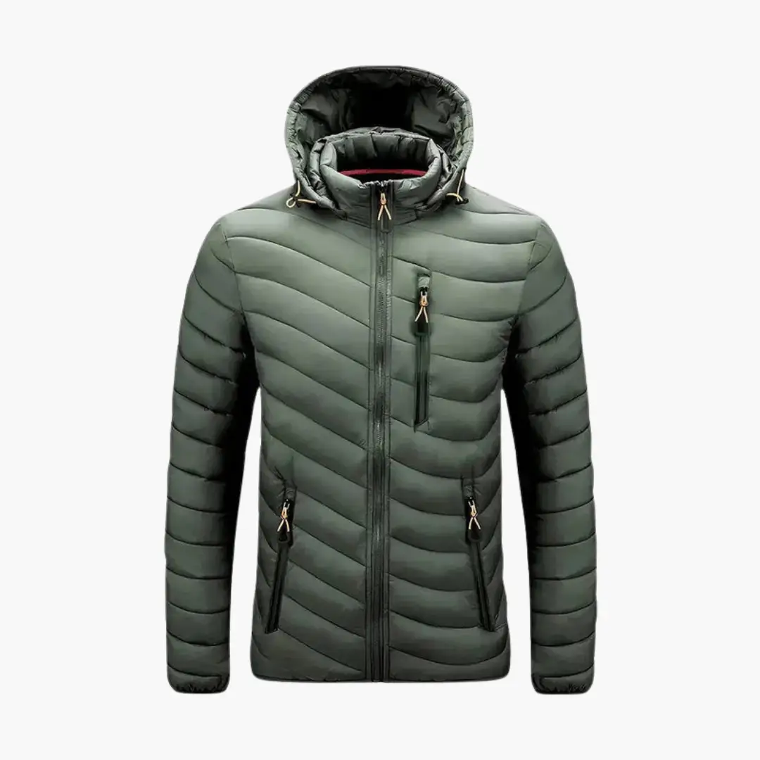 Men’s hooded padded jacket in olive green with front zip and side pockets