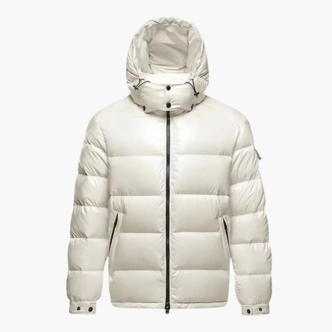 Men’s hooded puffer jacket in cream with shiny finish by Wilfred Smith, front zip.