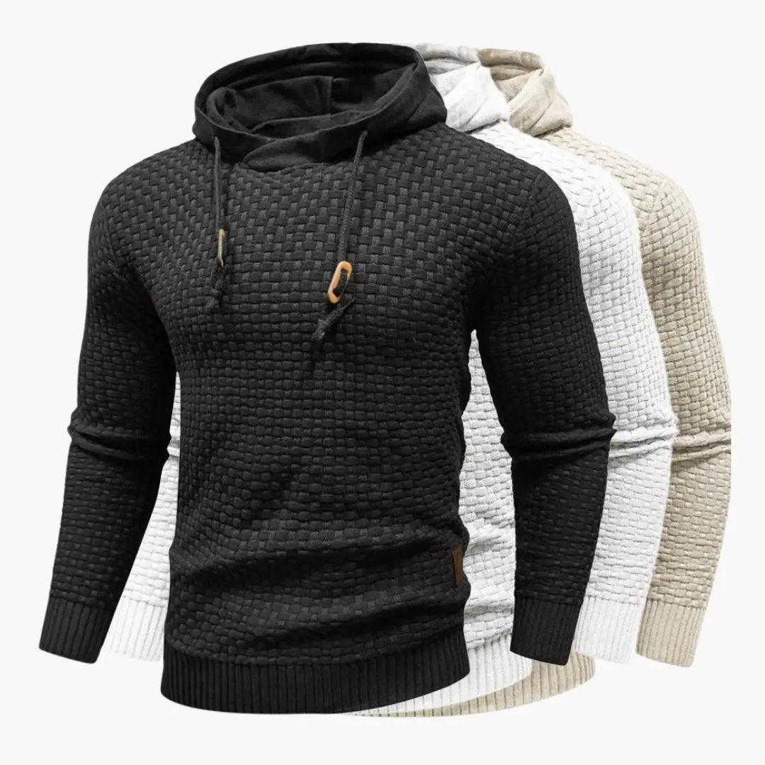 Men's textured-knit hoodie with hood and drawstrings in black, white, beige (3-pack).