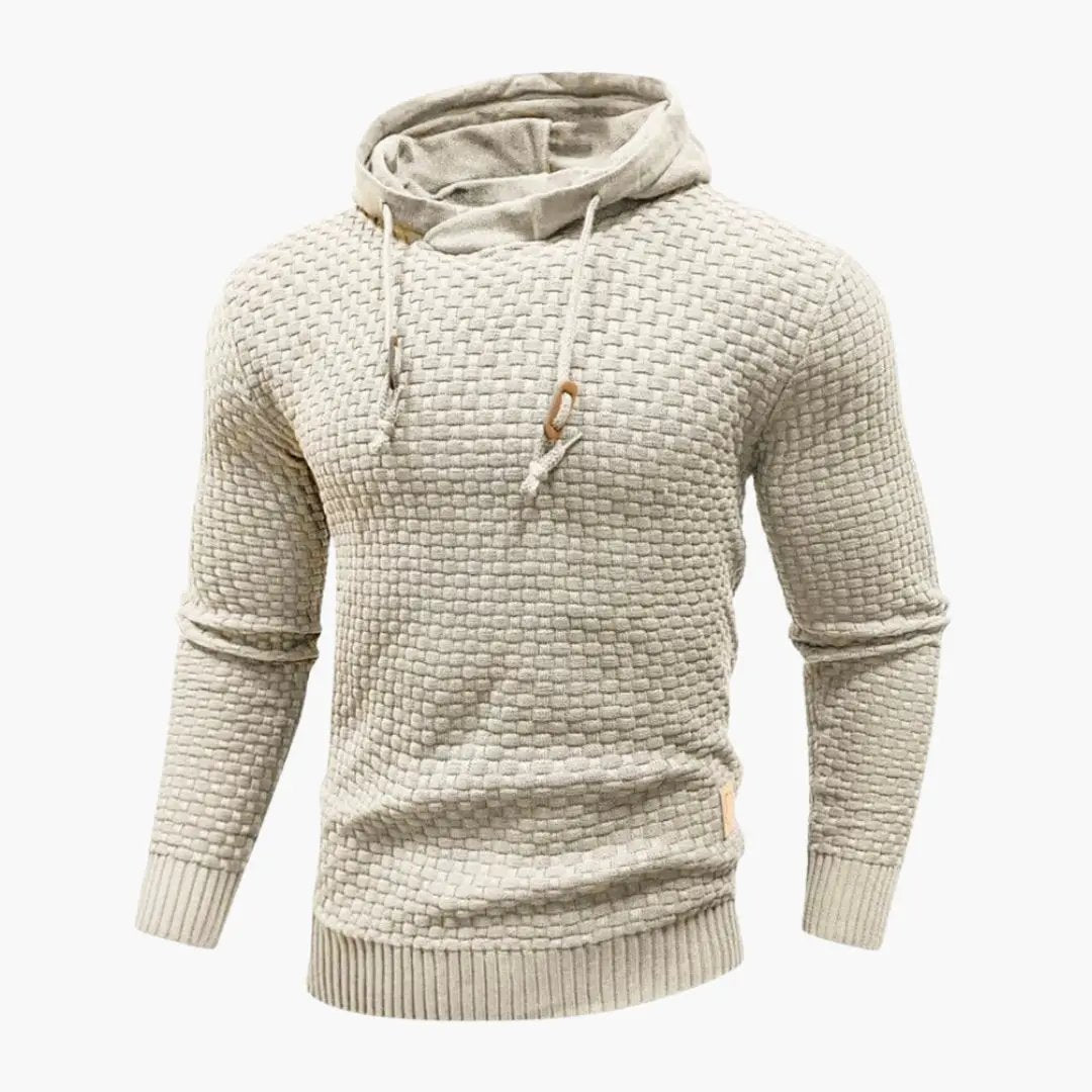 Men's beige textured knit hoodie with drawstring hood and ribbed cuffs