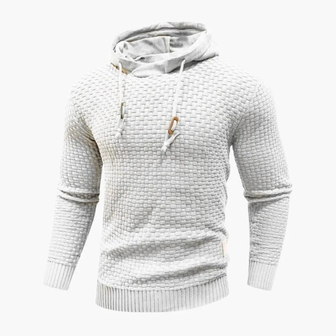 Men's hoodie with hood and drawstrings in textured light gray knit