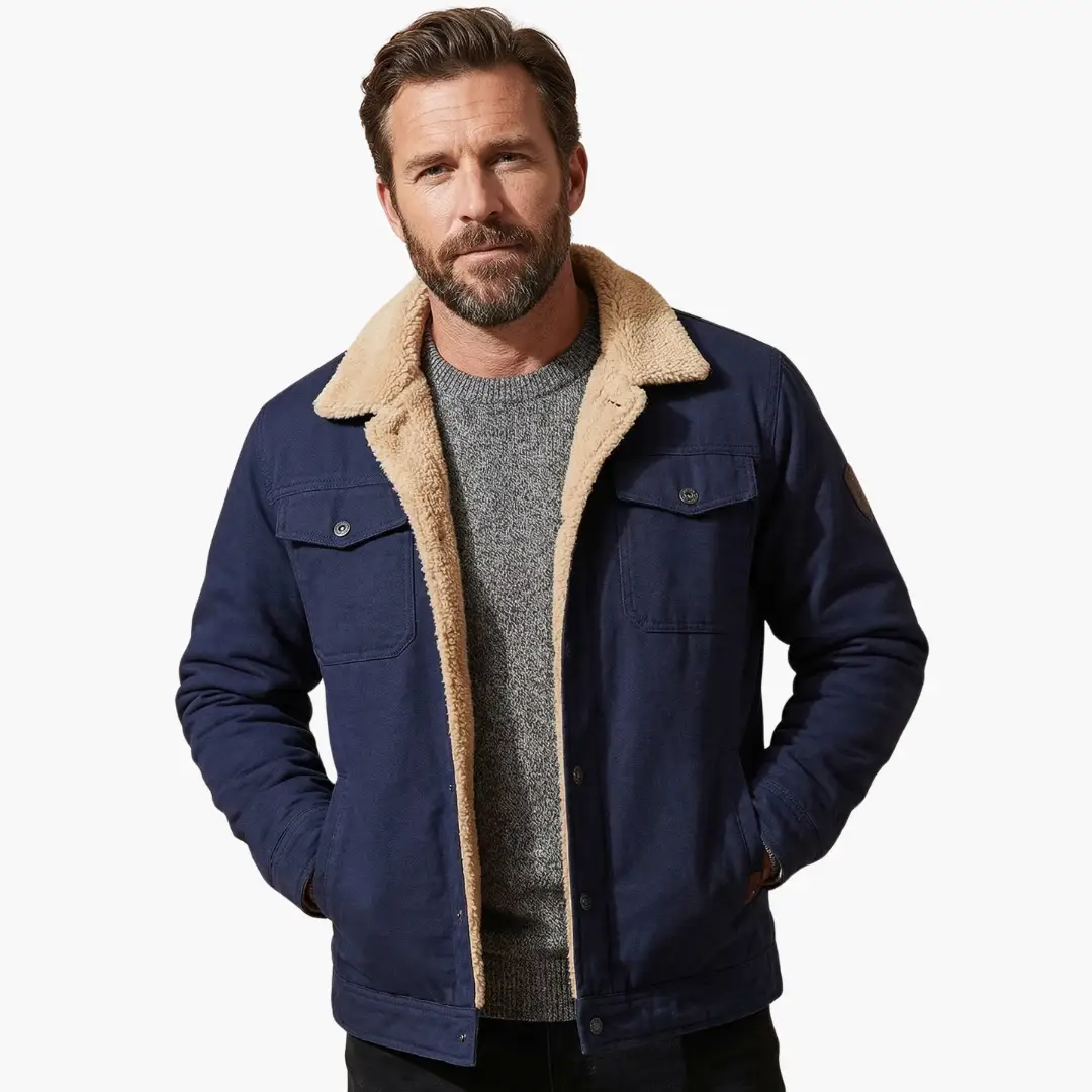 Men's jacket by Wilfred Smith, navy blue trucker with tan sherpa lining, button closure, front pockets