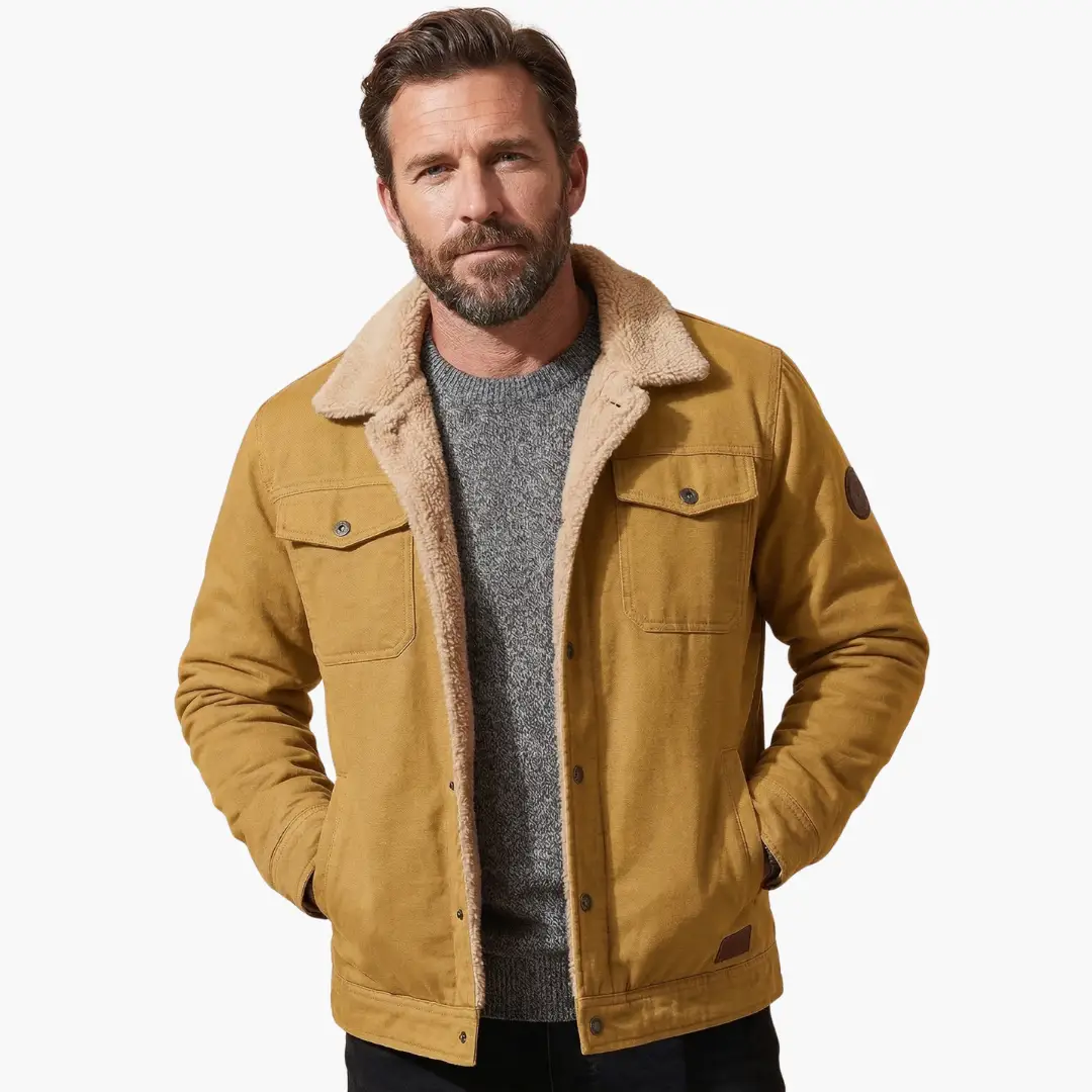 Men's Wilfred Smith trucker jacket in tan with sherpa lining and button closure