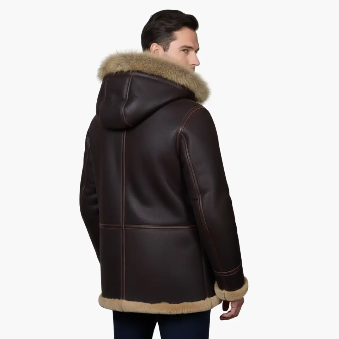 Men's parka jacket with hood and fur trim, dark brown leather-look exterior.