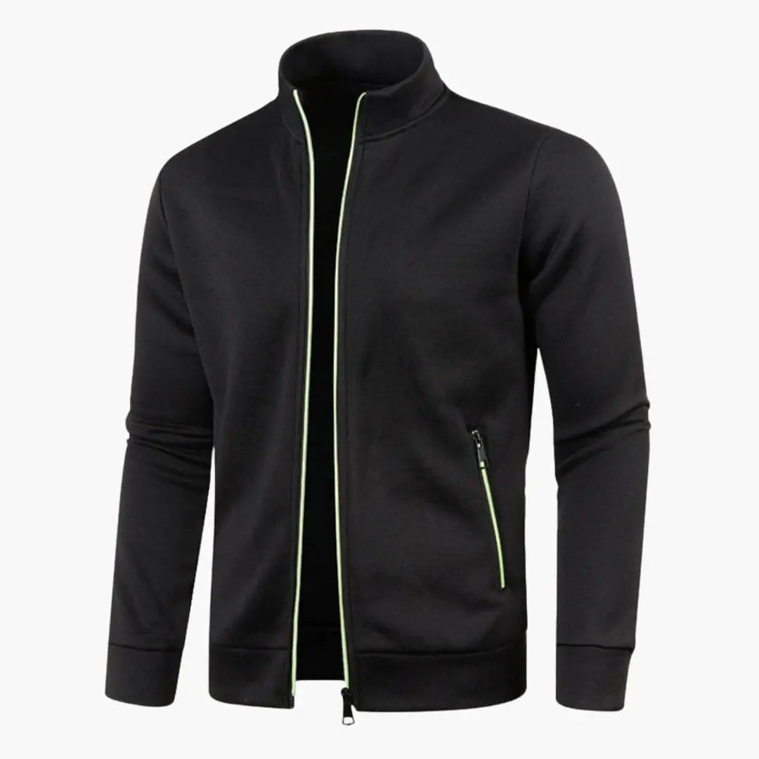 Men’s jacket by Wilfred Smith with zip closure and stand collar; black track jacket with lime piping.