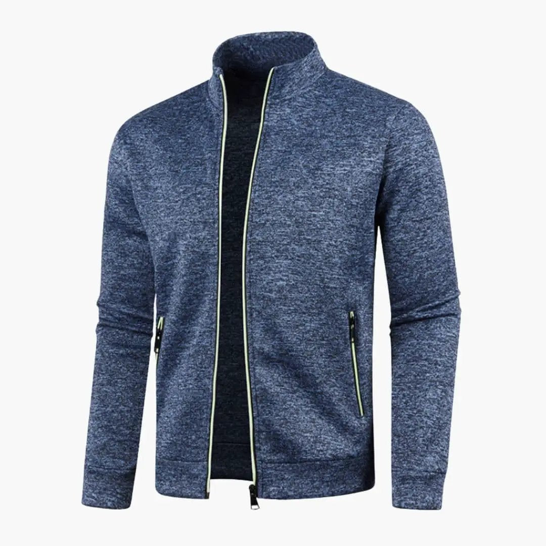 Men's track jacket by Wilfred Smith with stand collar, blue heather knit, full front zip, neon-yellow trim, zip pockets.