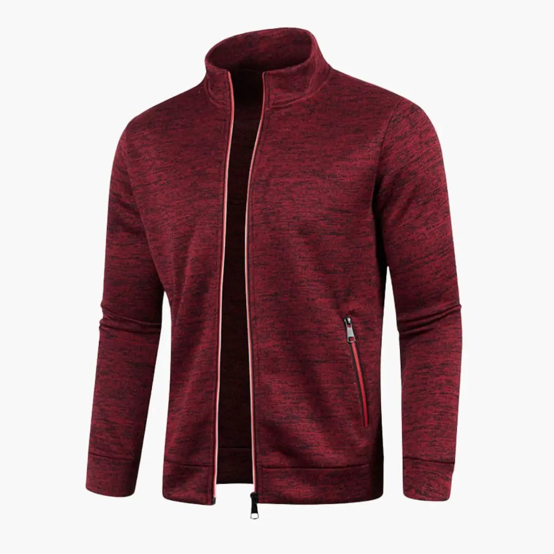 Men’s track jacket in red heather with full zip and stand collar, Wilfred Smith
