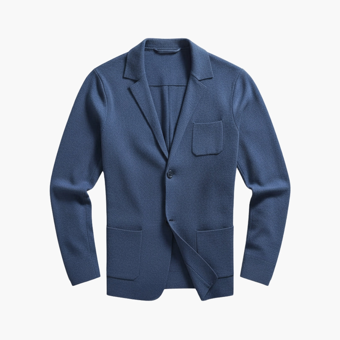 Men's blue cardigan with V-neck, front button closure and patch pockets