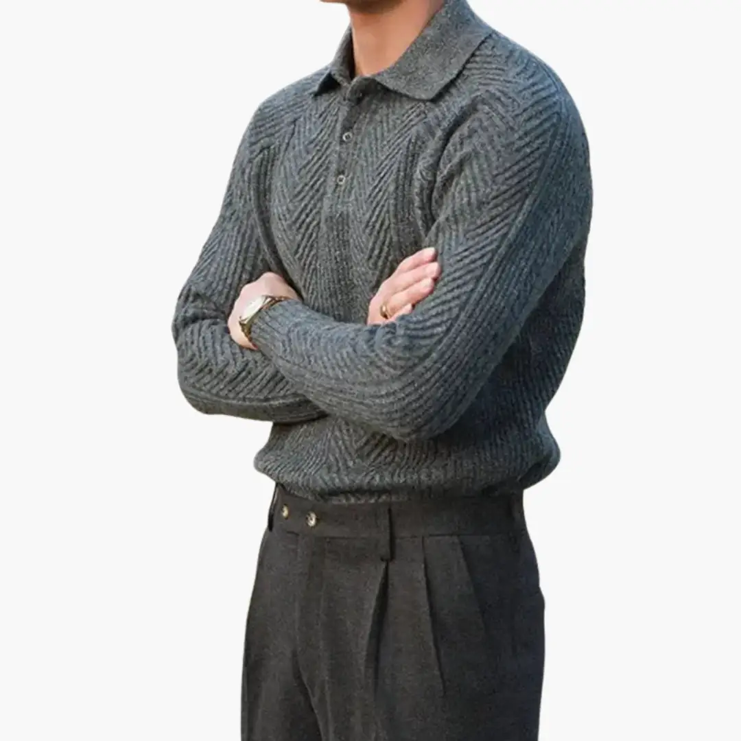 Men’s knitted sweater, grey textured knit with ribbed hem and polo collar