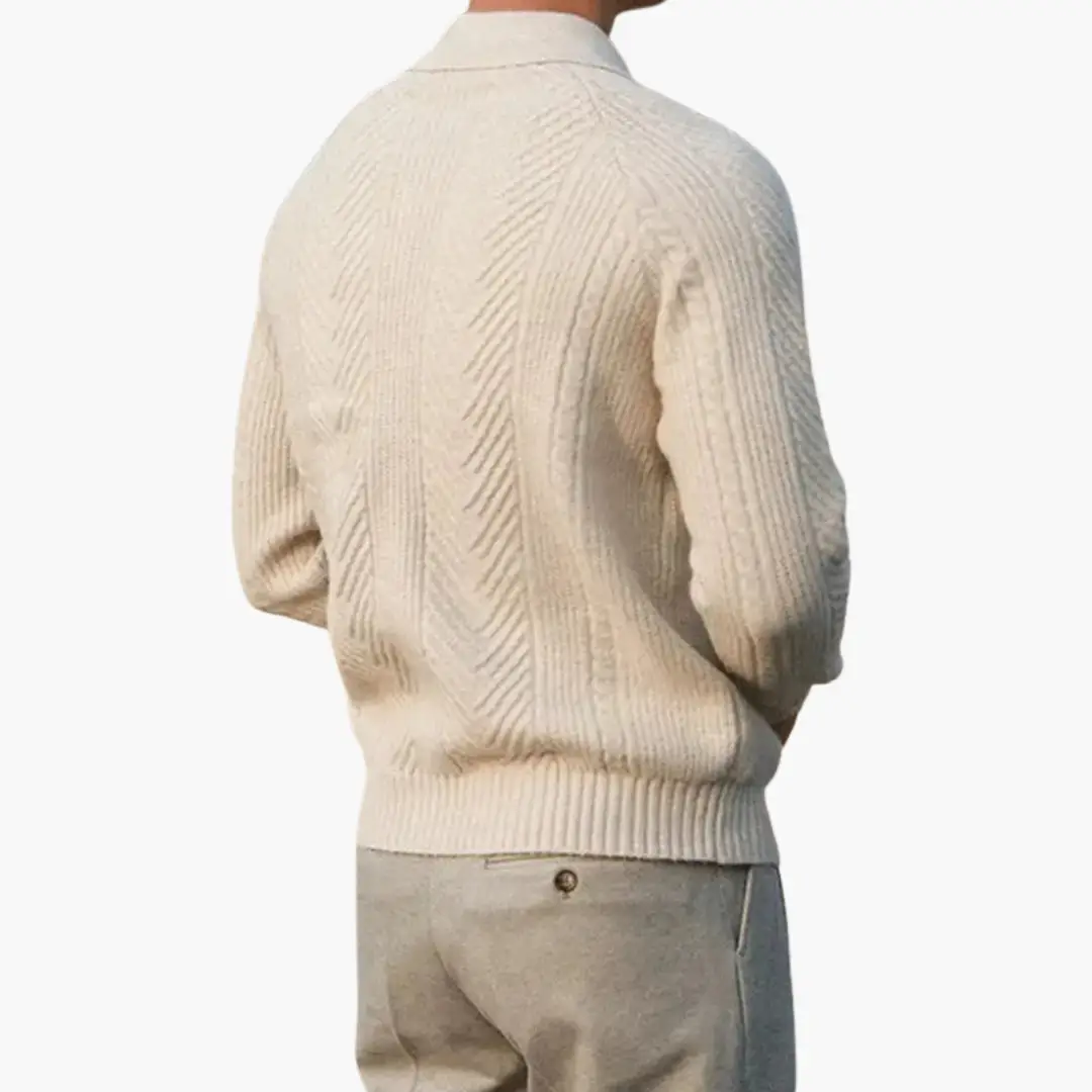 Men’s knitted sweater, cream color with ribbed hem and textured knit pattern
