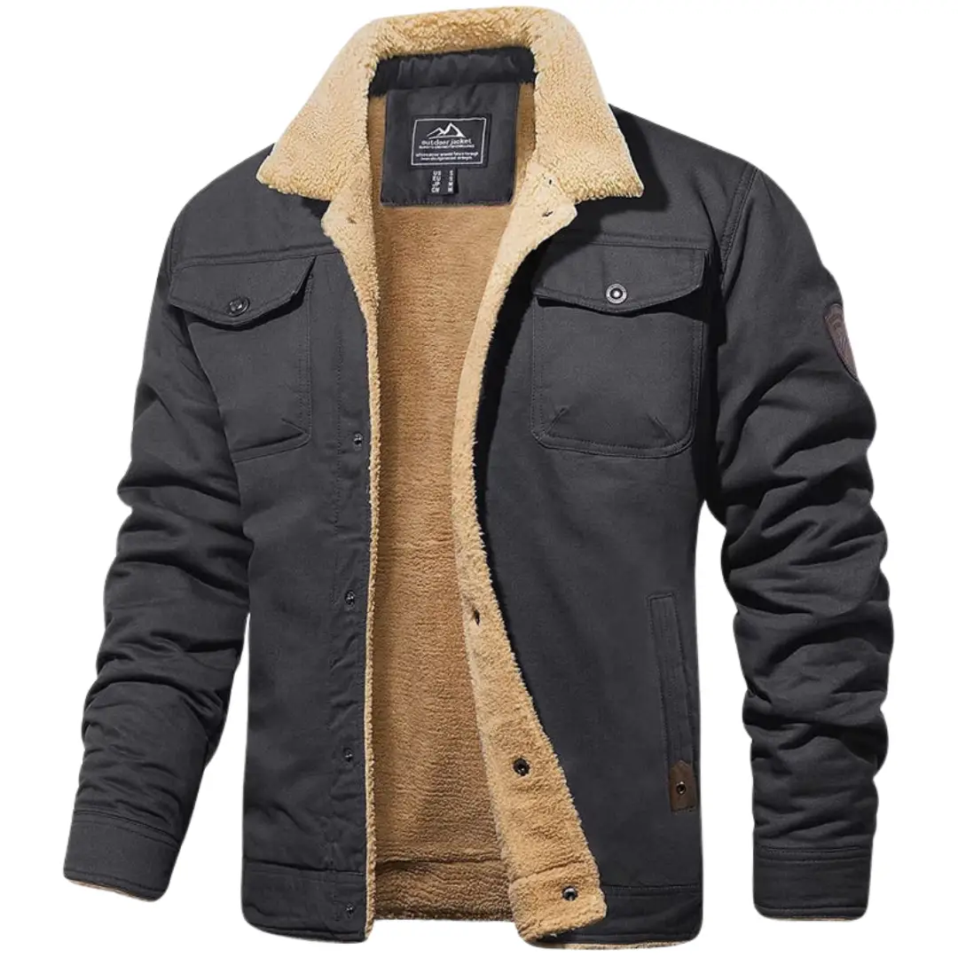 Men's lined bomber jacket by Wilfred Smith with sherpa collar and tan fleece lining, dark charcoal.