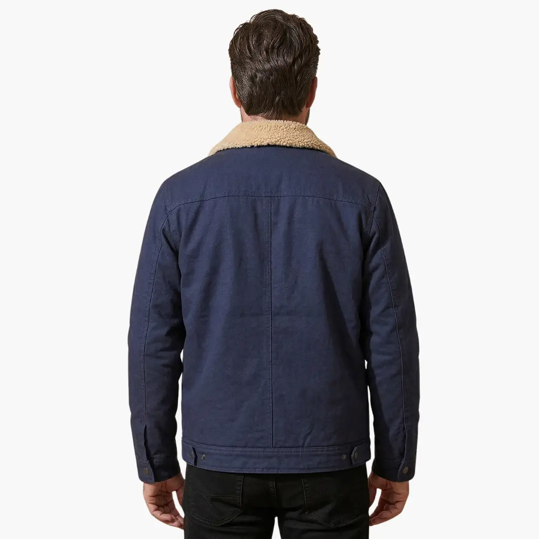 Men's navy bomber jacket with tan sherpa collar, back view