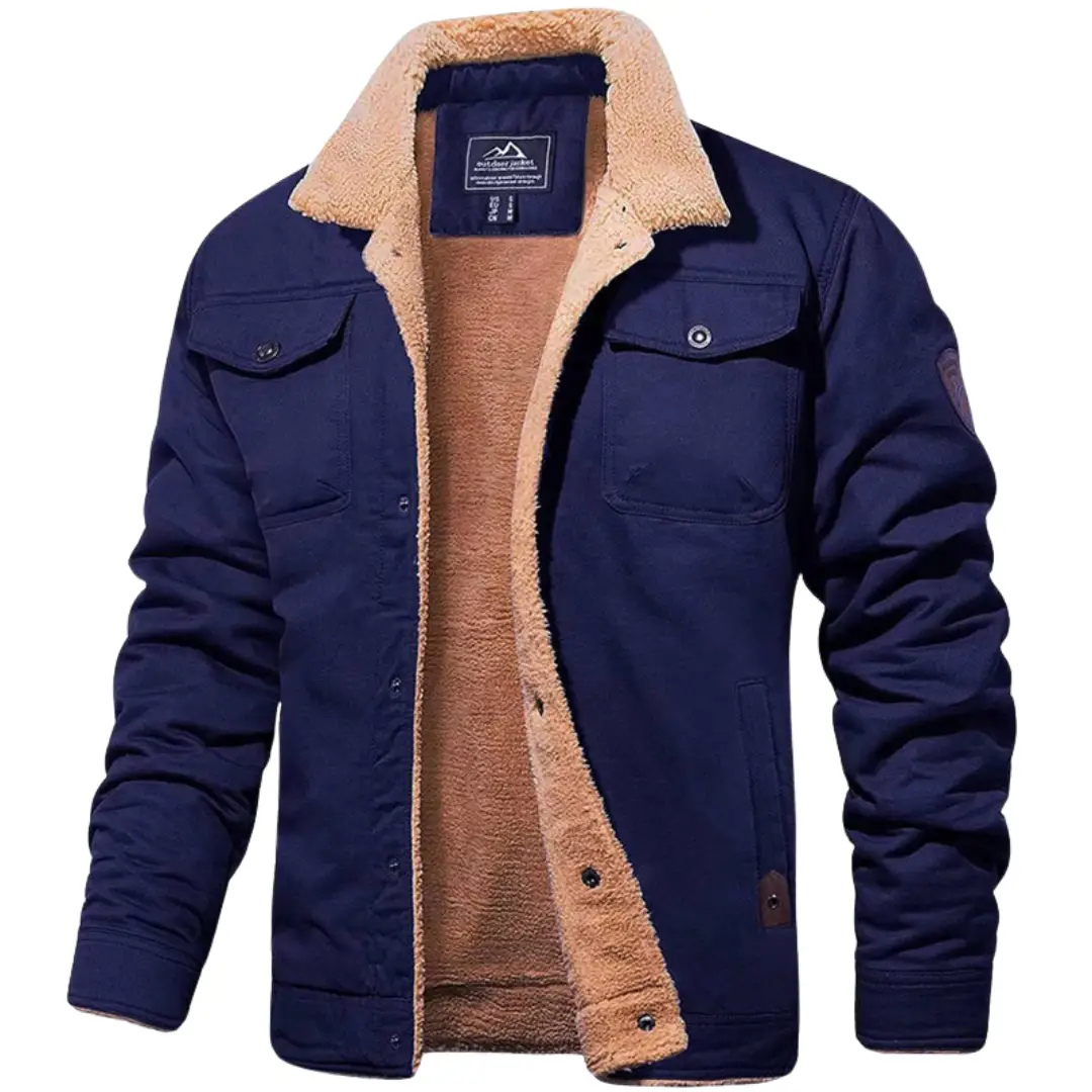 Men's Wilfred Smith navy bomber jacket with tan sherpa collar and inner fleece