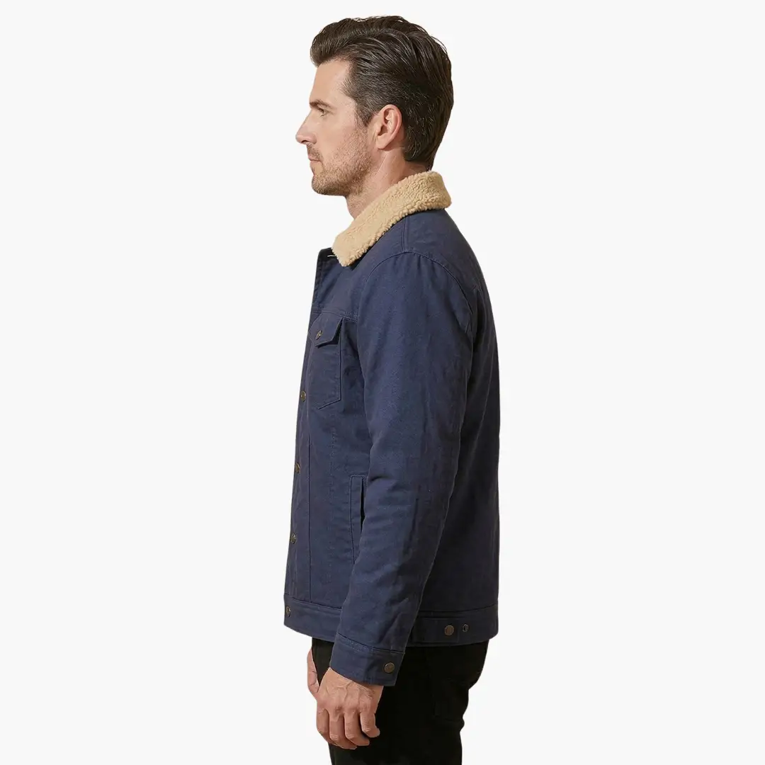 Men's lined bomber jacket in navy with beige sherpa collar and inner fleece