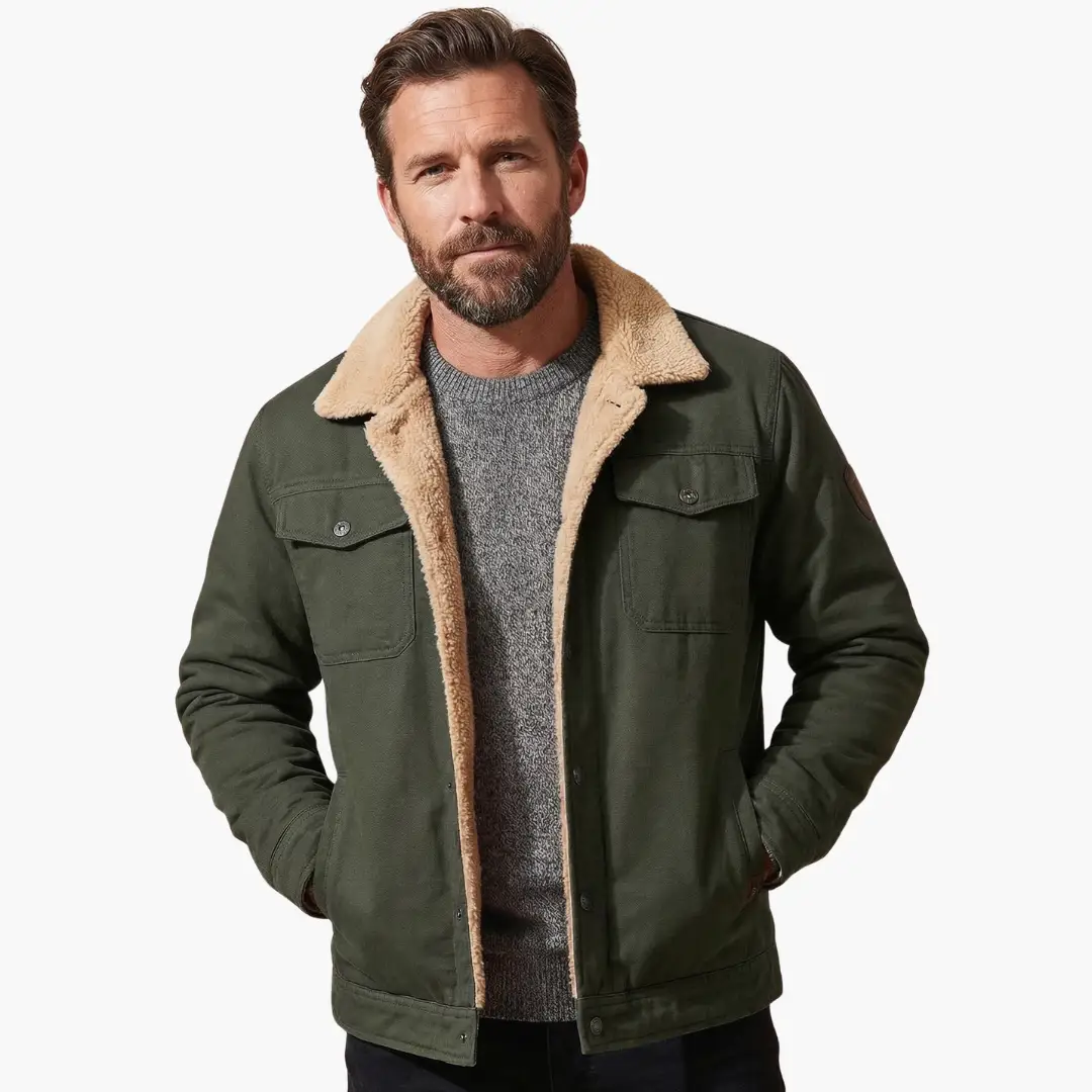Men's Wilfred Smith bomber jacket in olive green with tan sherpa collar and fleece lining.