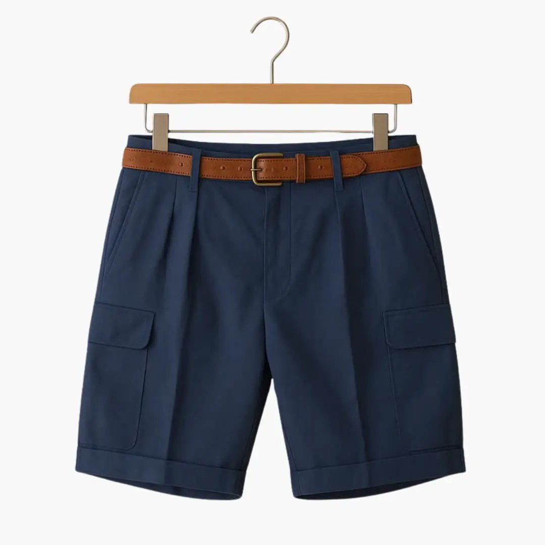 Men's linen-blend cargo shorts in navy with pleated front, cargo pockets, and brown belt