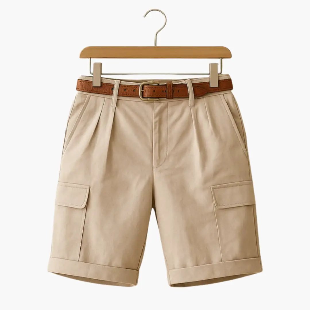 Men's linen-blend cargo shorts with pleats in beige