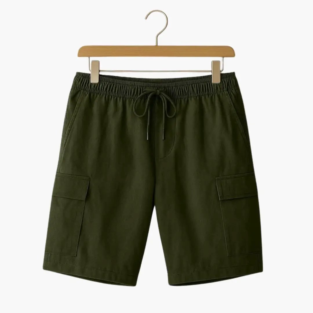 Men's Linen Cargo Shorts by Wilfred Smith in olive green with elastic waistband and cargo pockets