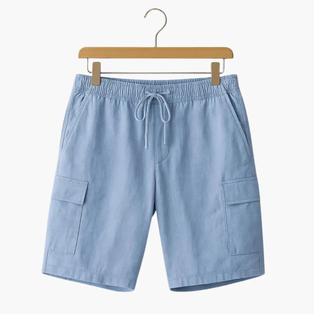 Men's linen cargo shorts in light blue with elastic waistband, drawstring, and side cargo pockets