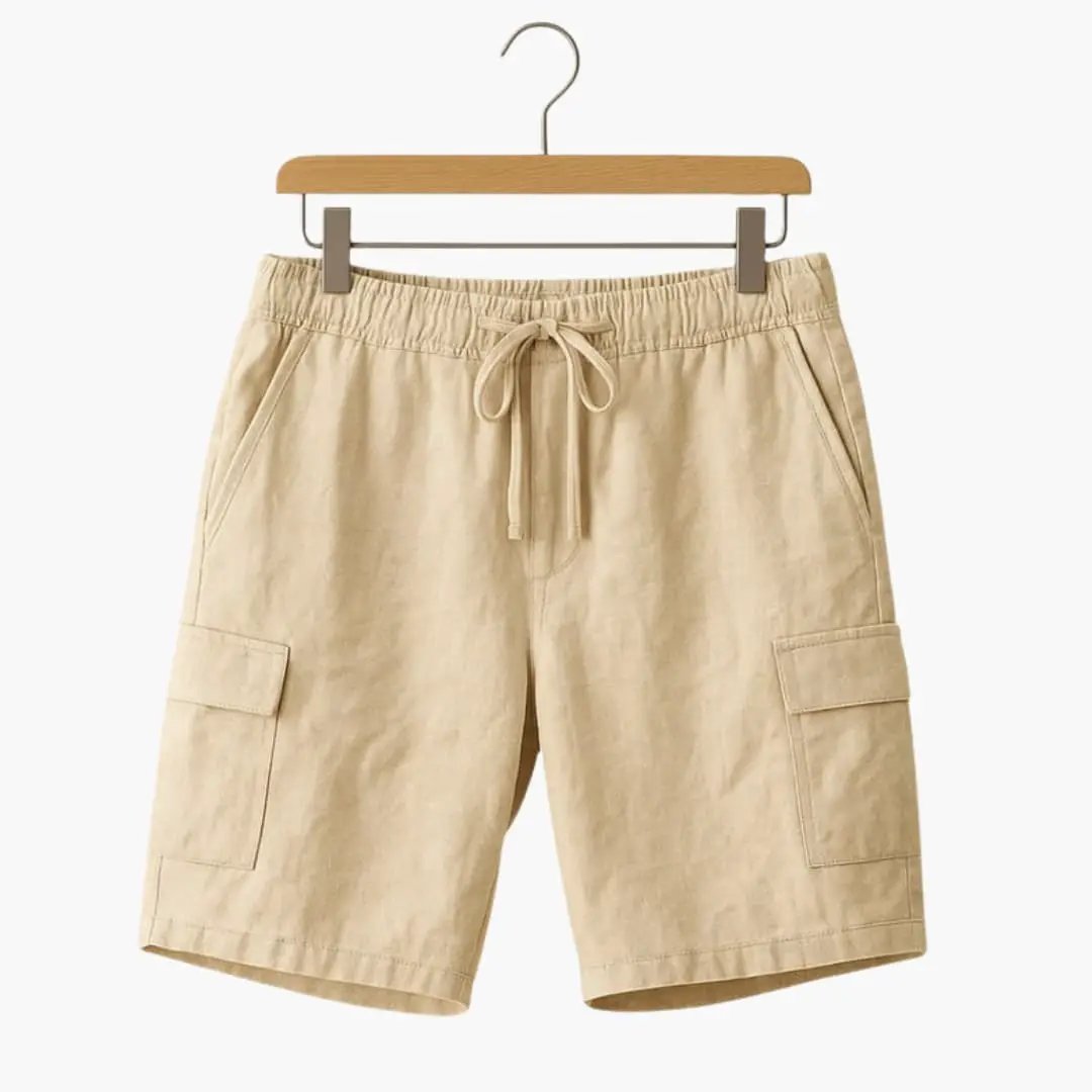 Men's mid-length linen cargo shorts in beige with elastic waistband, drawstring, and cargo pockets by Wilfred Smith.