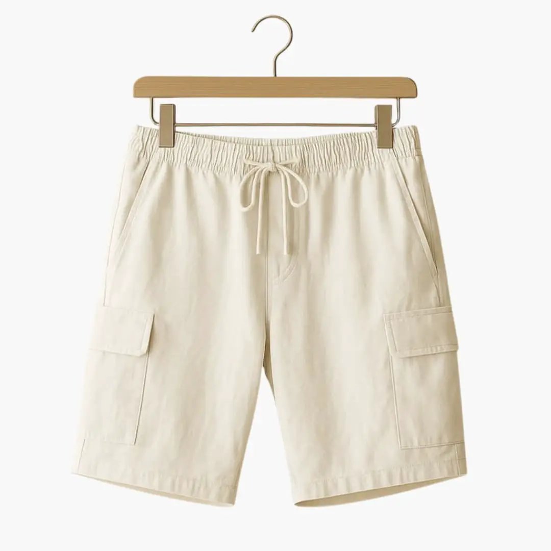 Men's mid-length beige linen cargo shorts with elastic waistband, drawstring, and side cargo pockets