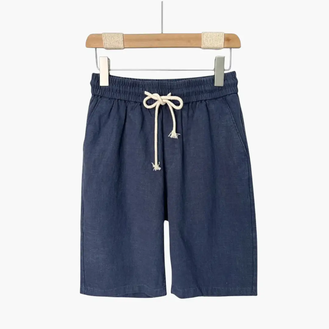 Men's linen shorts by Wilfred Smith, navy with elastic waistband, white drawstring and side pockets