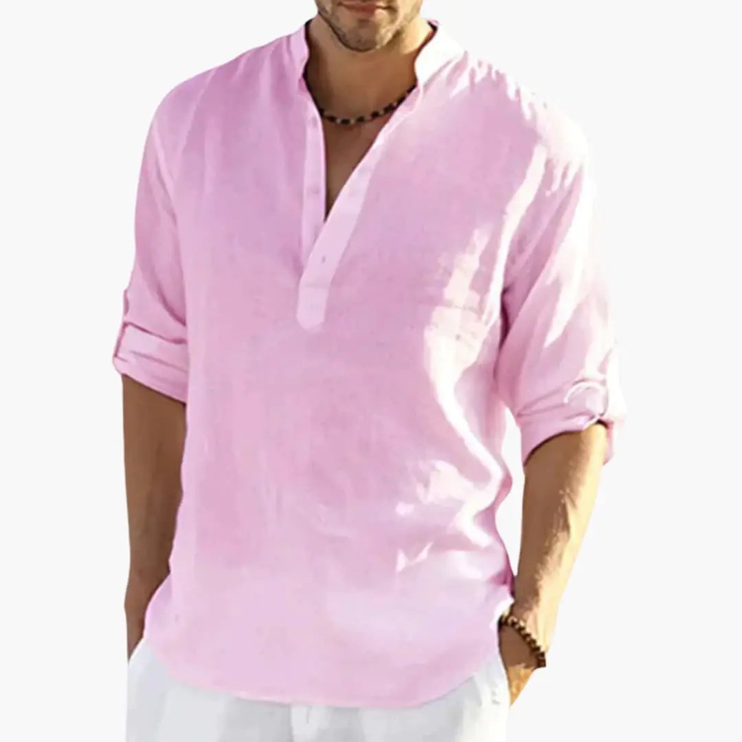 Men's roll-up sleeve shirt with button placket and mandarin collar in pink.