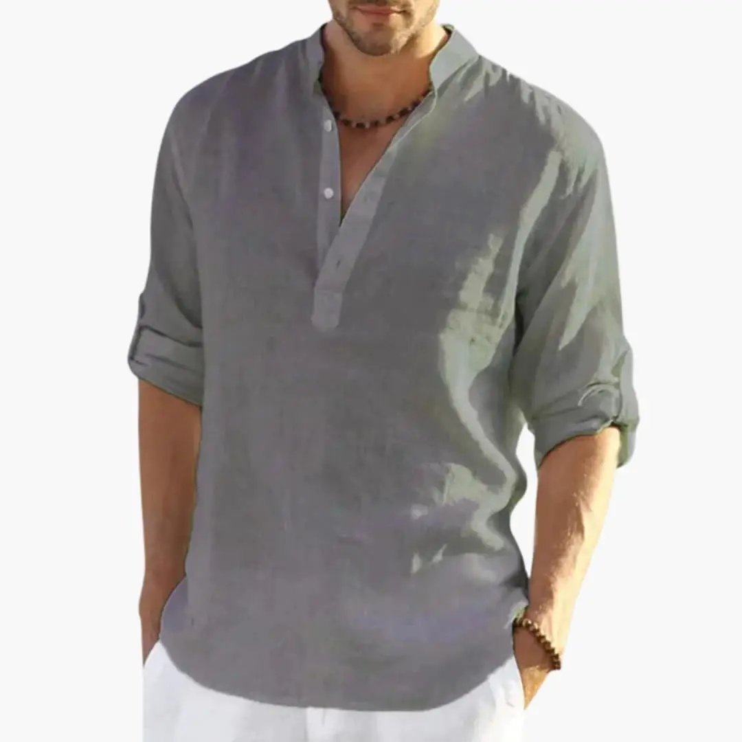 Men's Roll-Up Sleeve Shirt with Button Placket and Mandarin Collar in gray-green