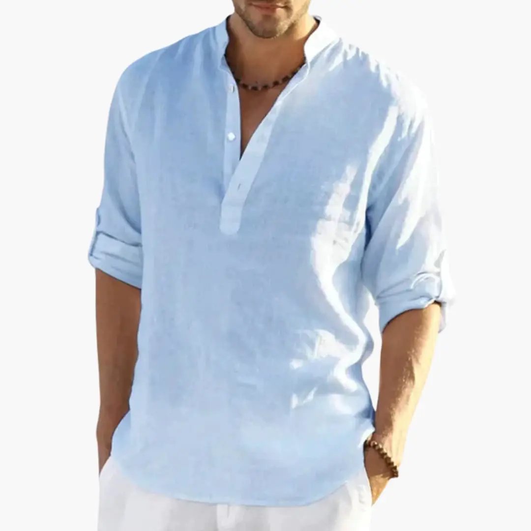 Men's light blue roll-up sleeve shirt with mandarin collar and button placket