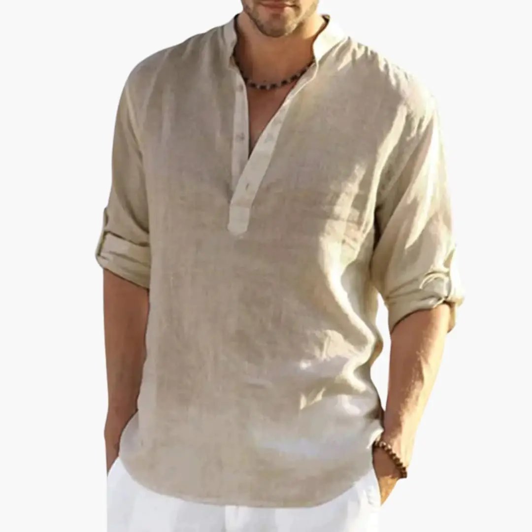 Men's roll-up sleeve shirt with button placket and mandarin collar in beige linen by Wilfred Smith.