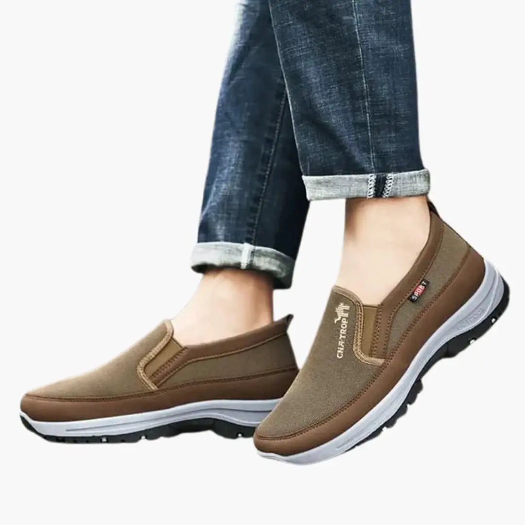 Men's orthopedic casual sneakers in brown with textured sole, slip-on style