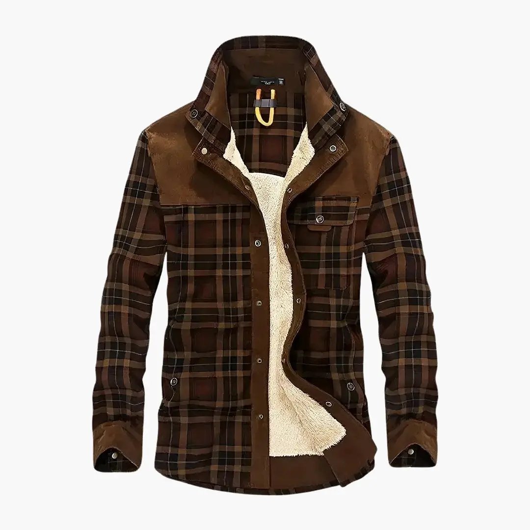 Men's plaid shirt jacket with fleece lining in cream, brown suede panels, and front pockets.