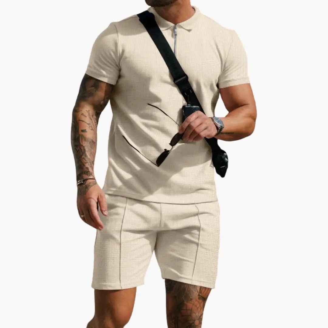 Men's polo shirt with textured surface and side pockets in beige by Wilfred Smith.