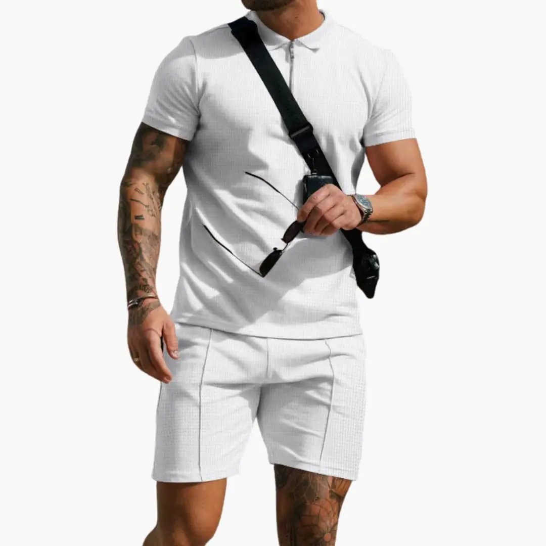 Men's polo shirt by Wilfred Smith, white textured fabric with side pockets