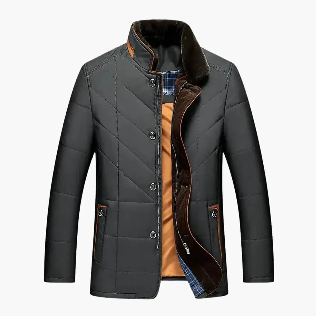 Men's Wilfred Smith quilted jacket with stand collar, dark gray with orange lining