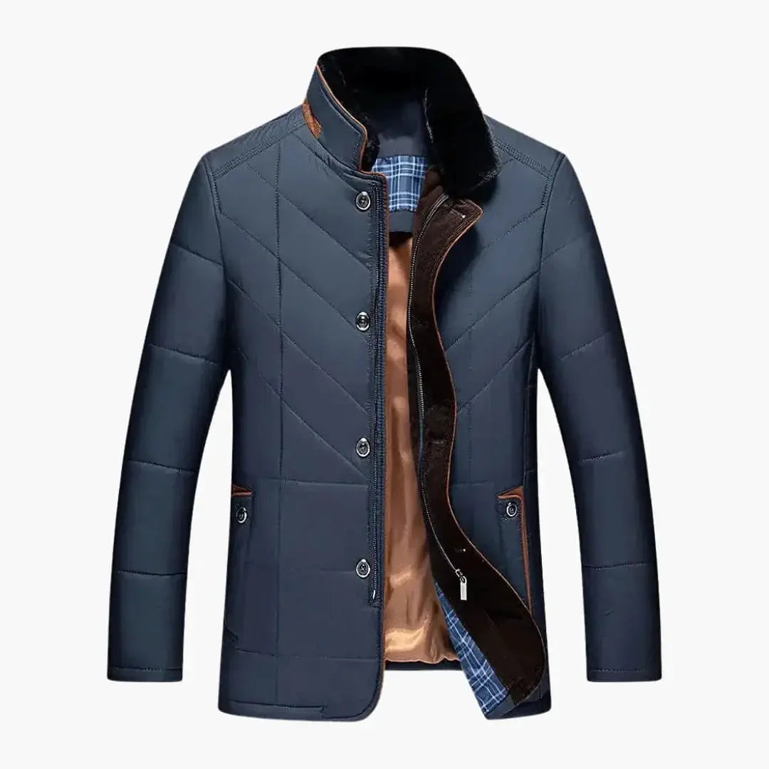 Men's Quilted Jacket by Wilfred Smith, navy blue puffer with stand collar and button closure