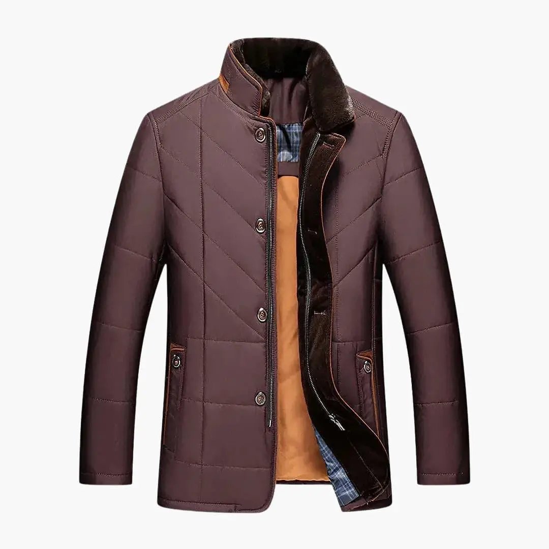 Men's quilted puffer jacket by Wilfred Smith, maroon with stand collar and button closure.