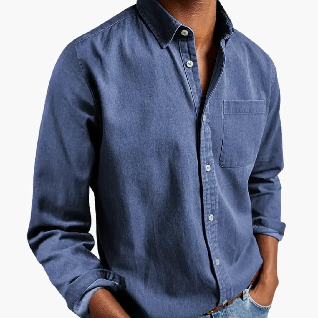 Men's relaxed-fit long-sleeve button-down shirt by Wilfred Smith in denim blue