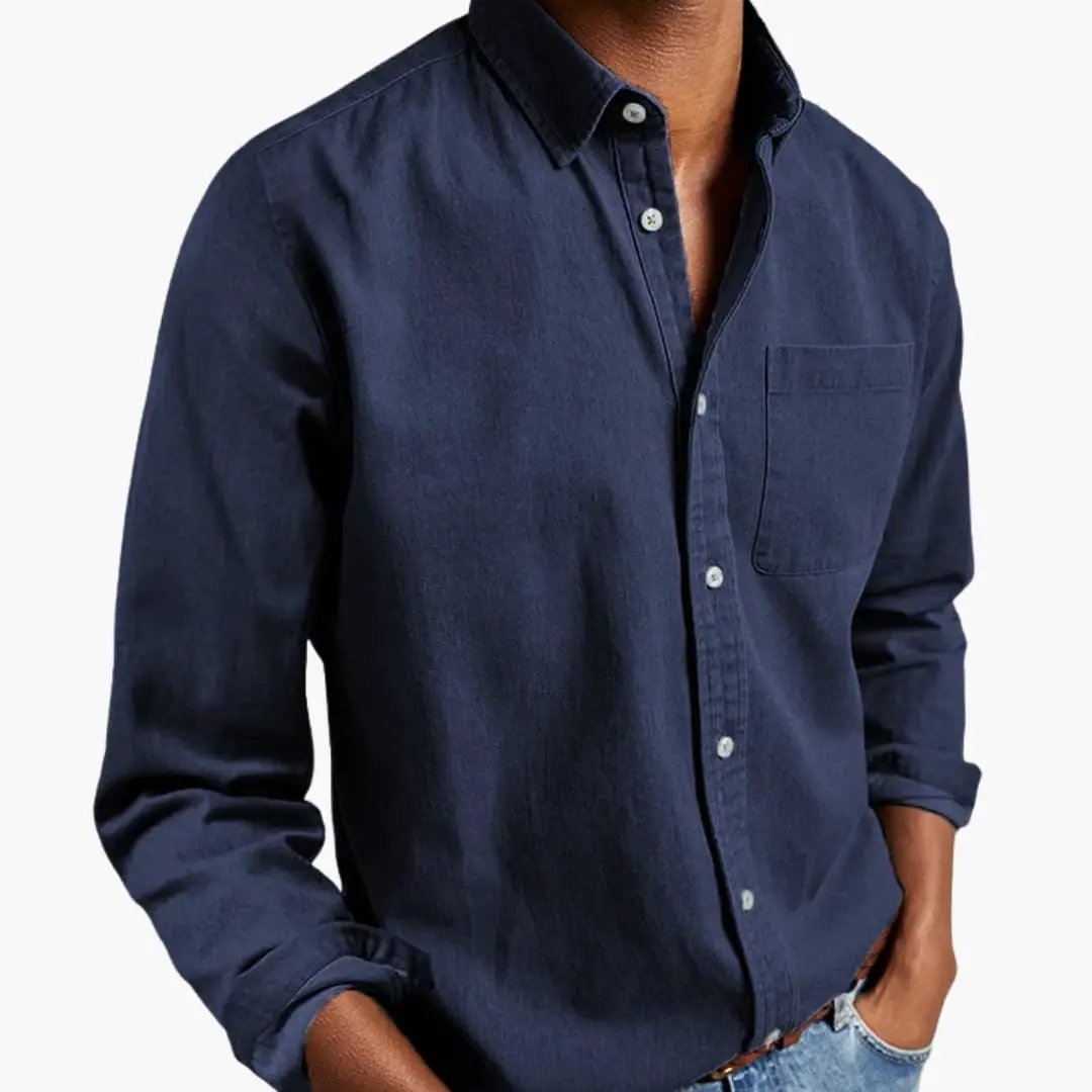 Men’s Relaxed Fit Long Sleeve Button-Down Shirt in navy with a chest pocket