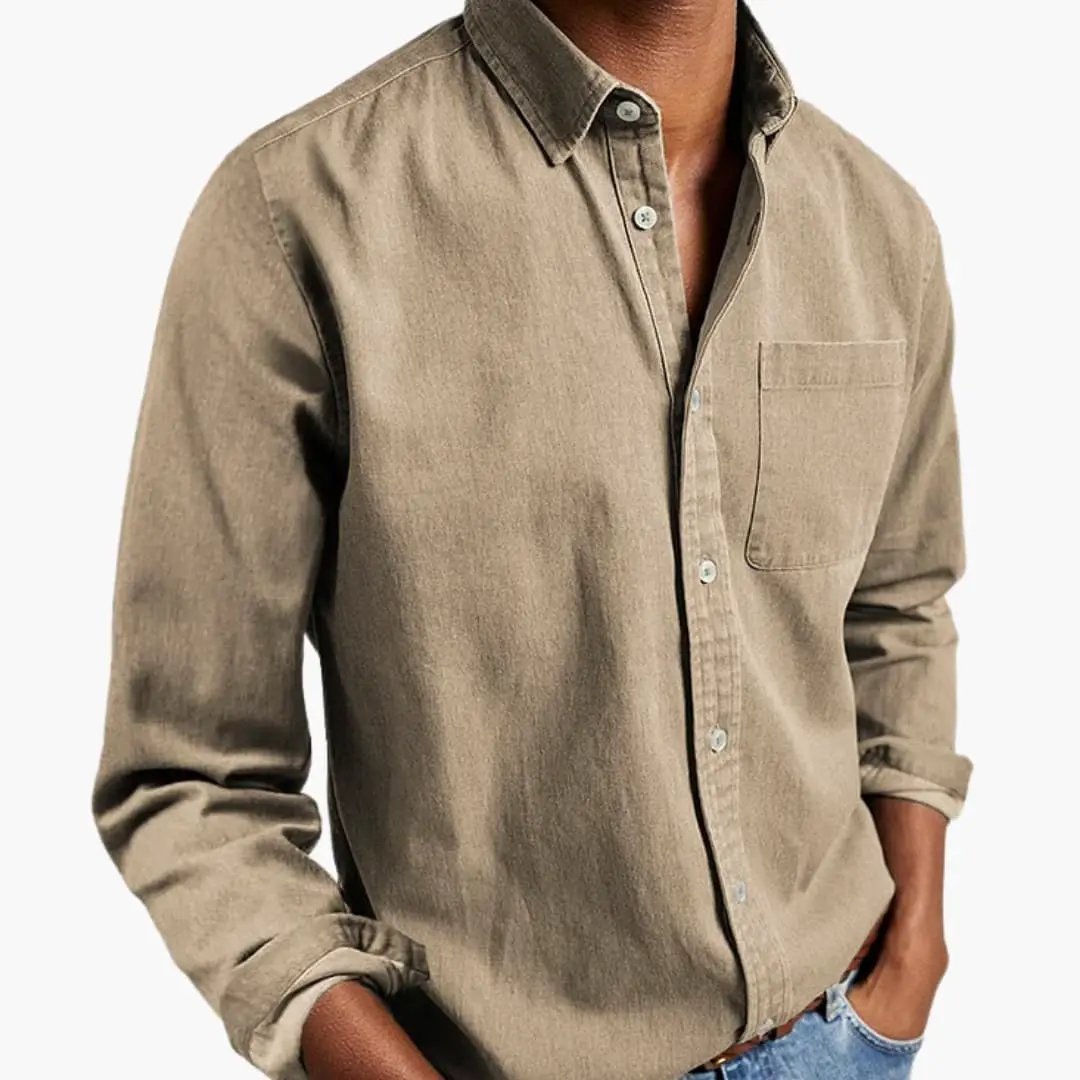Men’s Relaxed Fit Long Sleeve Button-Down Shirt by Wilfred Smith in tan with chest pocket
