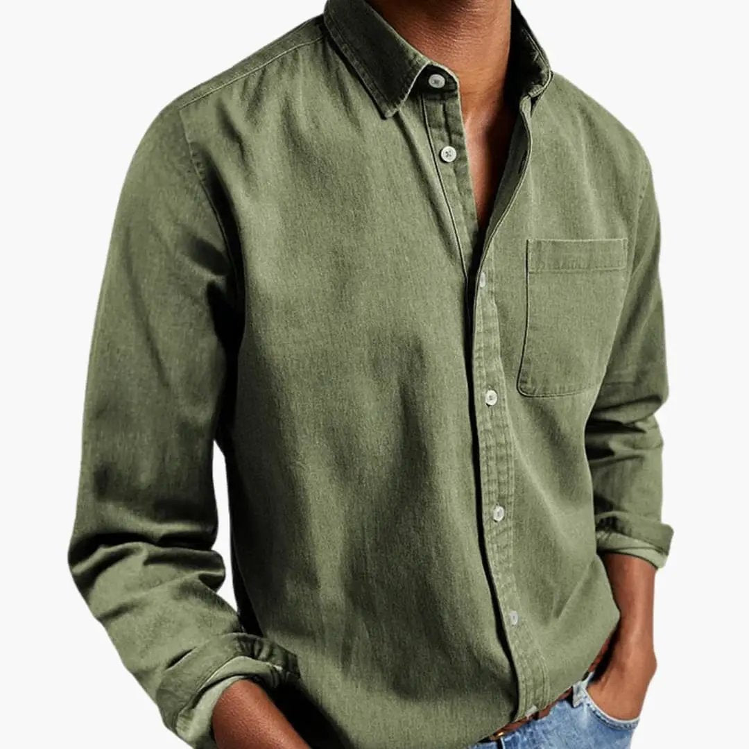Men’s relaxed-fit olive green long-sleeve button-down shirt by Wilfred Smith