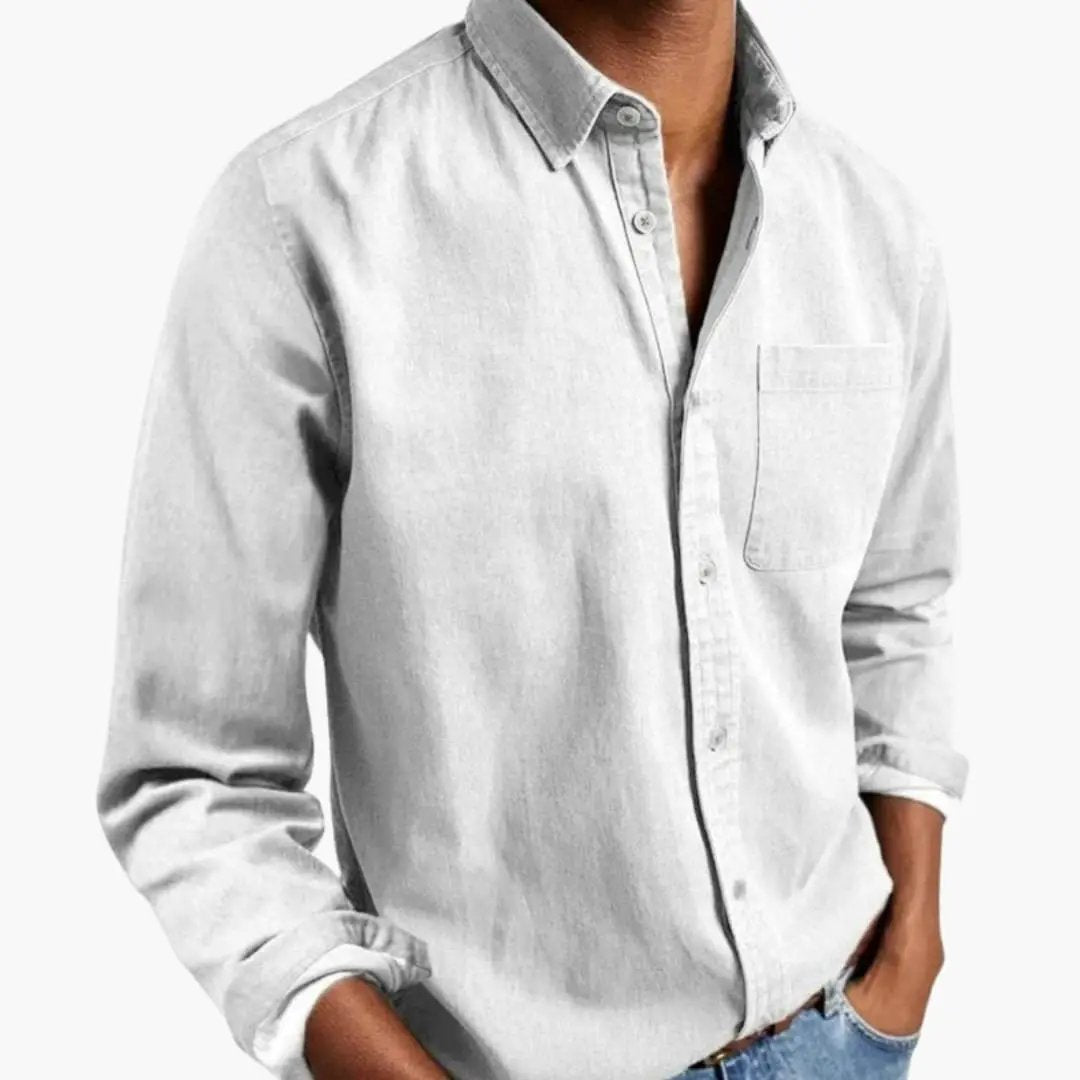 Men’s Relaxed Fit Long Sleeve Button-Down Shirt by Wilfred Smith in light gray