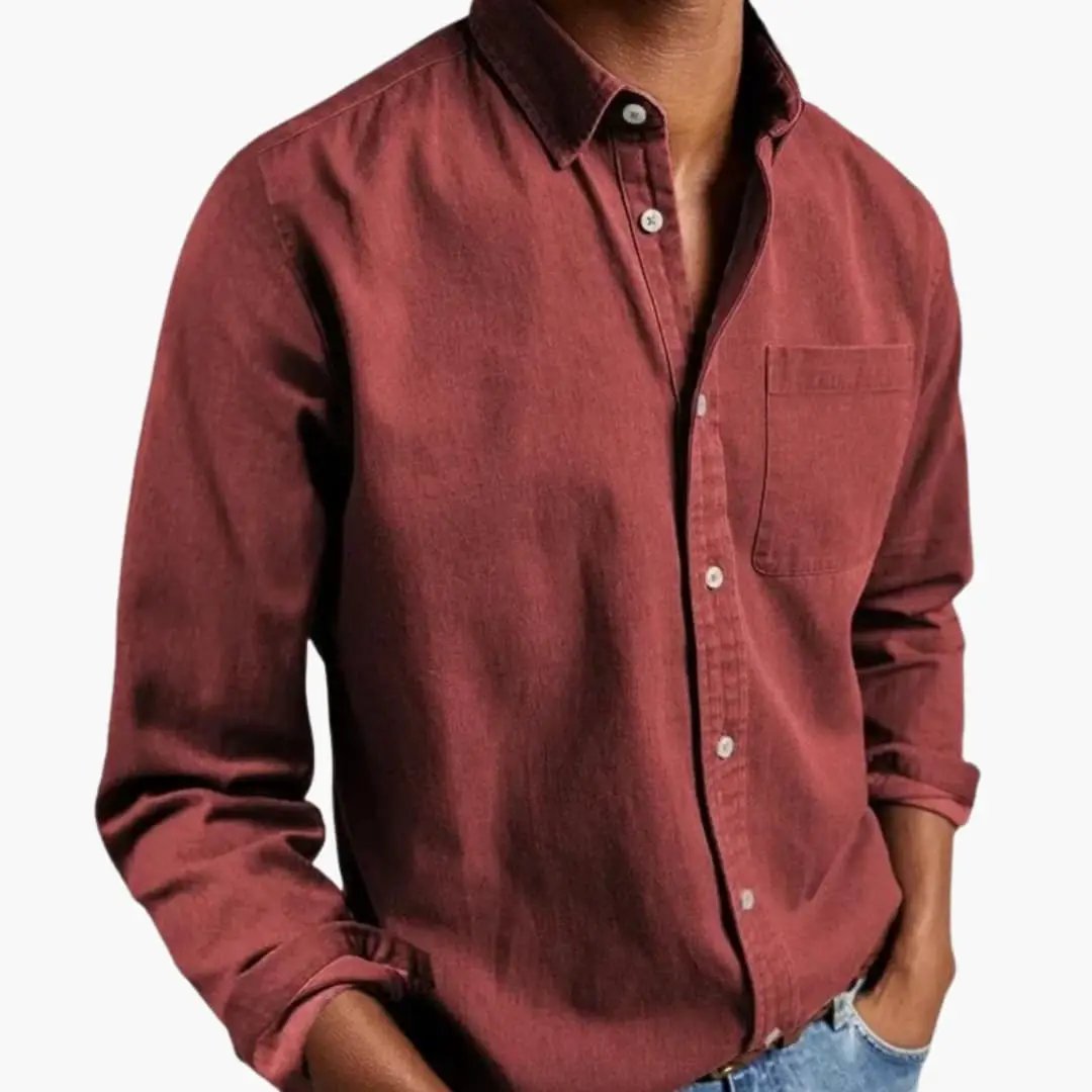 Men’s Relaxed Fit Long Sleeve Button-Down Shirt by Wilfred Smith in burgundy with chest pocket.