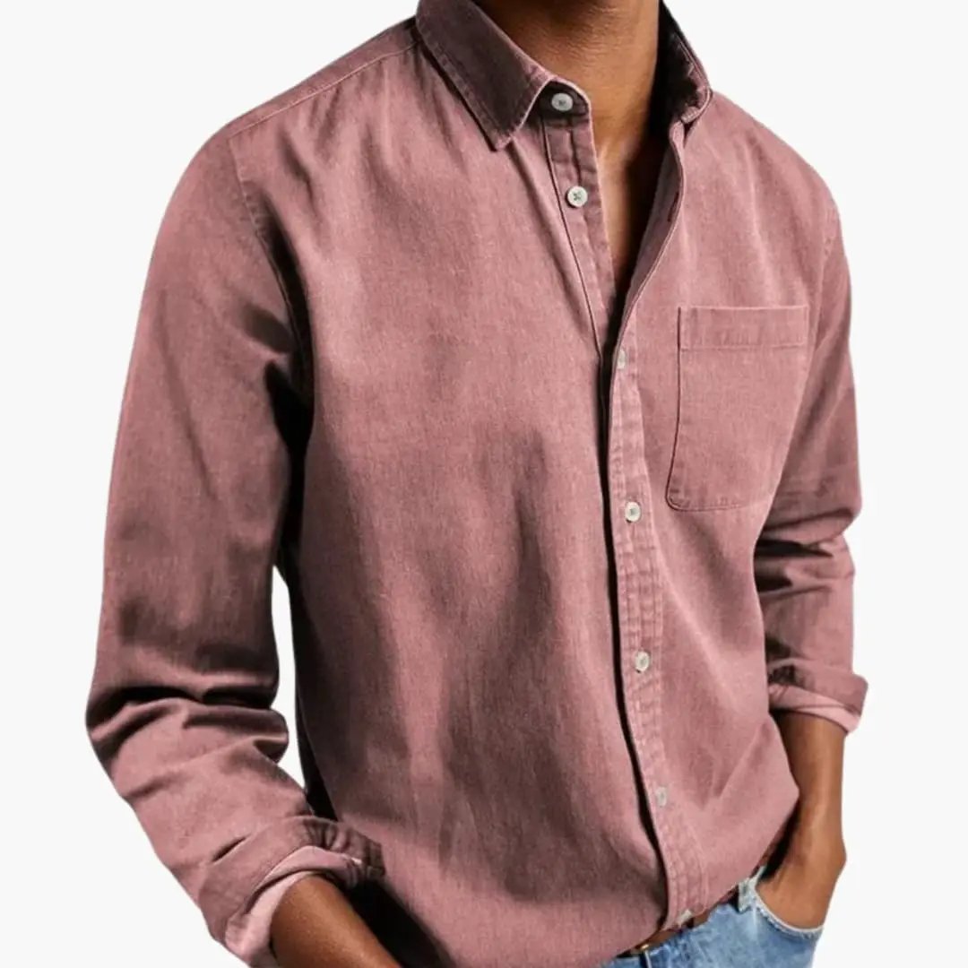 Men’s relaxed-fit long-sleeve button-down shirt in mauve pink with chest pocket