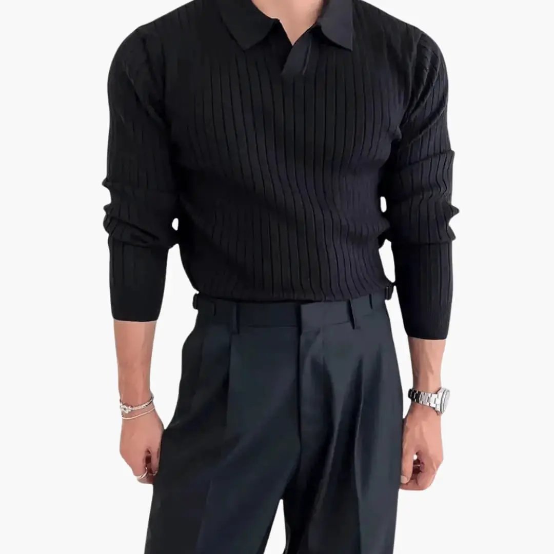 Men's ribbed-knit sweater with polo collar in black by Wilfred Smith.