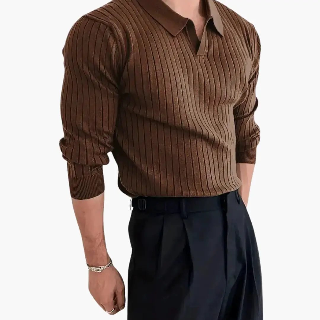 Men's ribbed knit polo collar sweater by Wilfred Smith in brown