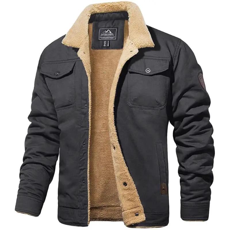 Men's Wilfred Smith trucker jacket with sherpa lining, black exterior, button closure.