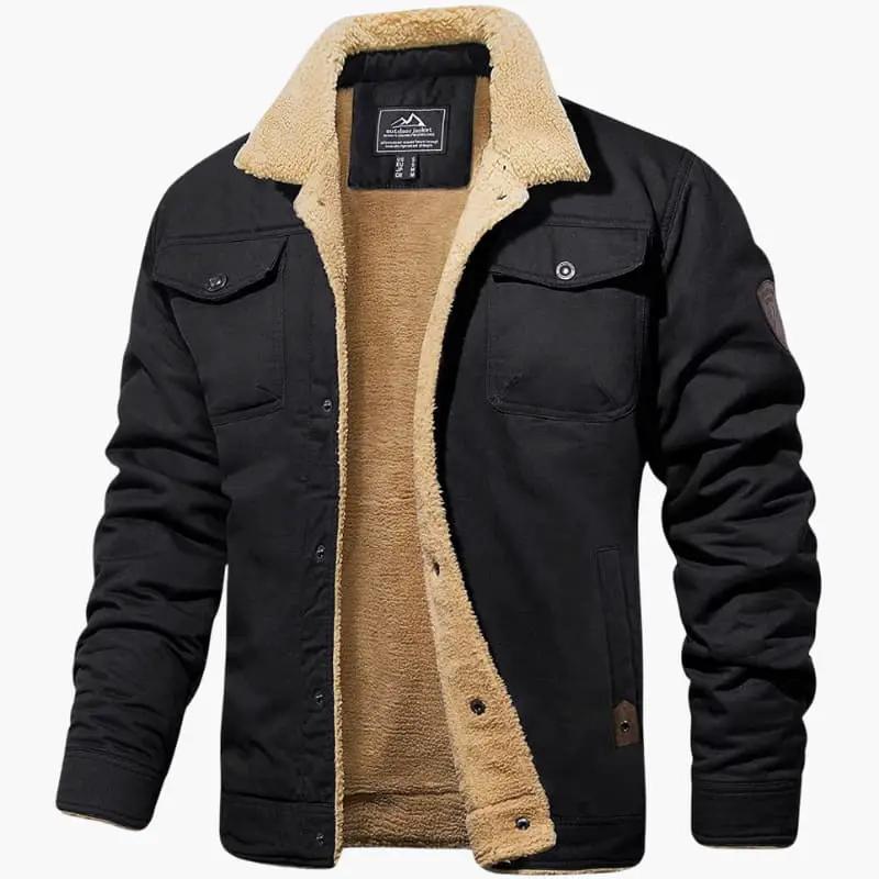 Men's Wilfred Smith trucker jacket with black exterior, tan sherpa lining, button closure.